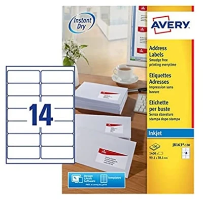 Image of Avery Printable, Customisable Address Mailing Labels, Inkjet Printers, 14 Labels Per A4 Sheet, 1400 Quickdry (J8163), White, 100 Sheets