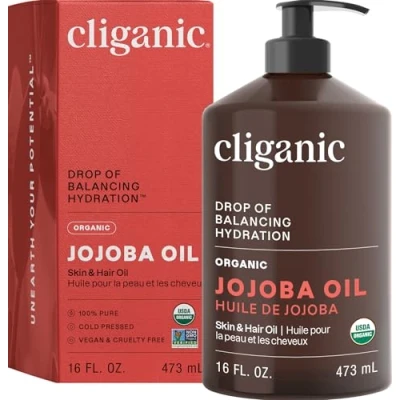 Image of Certified Organic Jojoba Oil 473ml with Pump 100% Pure Natural Cold Pressed Unrefined, Hexane Free Carrier for Hair Face &amp; Nails Cliganic 90 Days Warranty