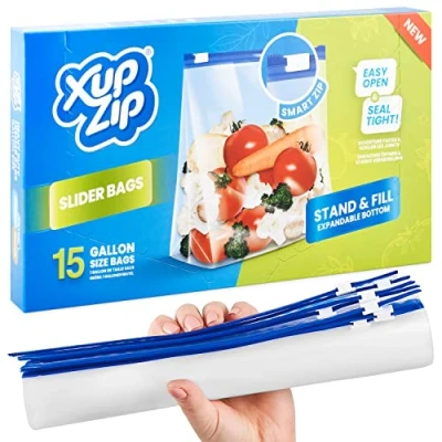 Image of Premium Food Storage Freezer Bags by XupZip™ Stand Up Smart Zip Slider, Reusable, Heavy Duty Plastic Airtight and Leakproof Seal BPA Free… (One Gallon / 4.55L 15 Bags)