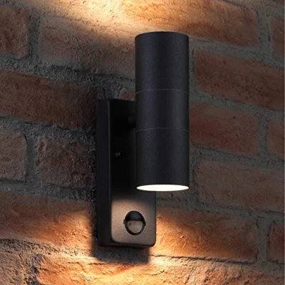 Image of Auraglow PIR Motion Sensor Stainless Steel Up &amp; Down Outdoor Wall Security Light Black Warm White