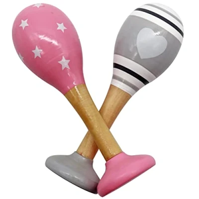 Image of PREMYO Baby Rattle Maracas Wooden Musical Instruments for Toddlers Newborn Sensory Toys Stars Rose Grey