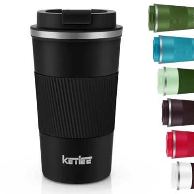 Image of KETIEE Travel Mugs, 510ml Insulated Coffee Cup with Leakproof Lid,Reusable Cups Cup,Coffee Mug,Double Walled Mug,Stainless Steel thermaol Mug for Hot Cold Drinks,Black