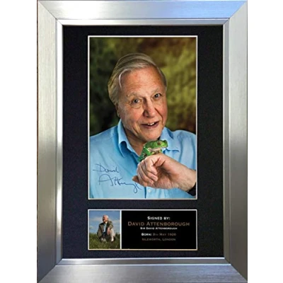 Image of DAVID ATTENBOROUGH Signed Autograph Mounted Photo Reproduction PRINT A4 Very Rare (297 x 210mm) #339 (Silver Frame)