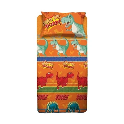 Image of hermet Dinosaurs, Single Bed Sheet Set, Bedroom, Complete Sheet, Fitted Pillowcase, 100% Cotton, Orange