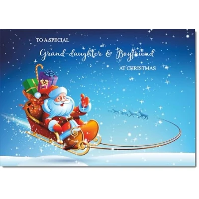 Image of doodlecards Granddaughter and Boyfriend Christmas Card Santas Sleigh Medium Size for &amp; with Plain Envelope