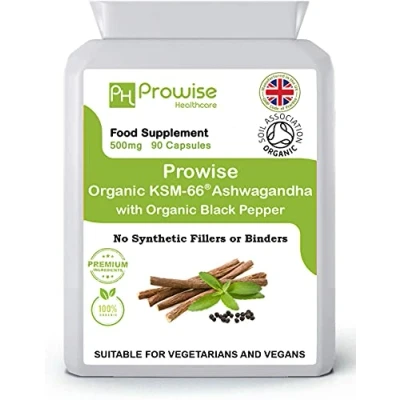 Image of Organic Ashwagandha KSM 66® with 5% Withanolides 90 Vegan Capsules Added Black Pepper High Strength Certified by Soil Association UK Made Prowise Healthcare