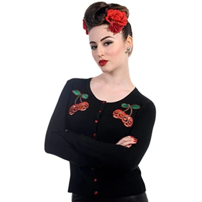 Image of Banned New Women&#039;s Skull Cherries Rockabilly Retro Punk Cardigan (L (UK 14)) Black