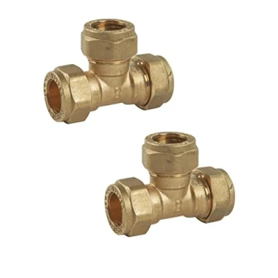 Image of UKDD® 15mm Brass Compression Tee Connector WRAS Approved Suitable for Copper Pipe, Poly Barrier Pipes Pack of 2