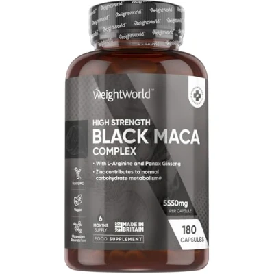 Image of Black Maca Root Capsules 5550mg (High Strength) 180 Vegan &amp; Yellow (6 Months Supply) with L Arginine, Panax Ginseng, Pepper Zinc for Testosterone Levels Metabolism