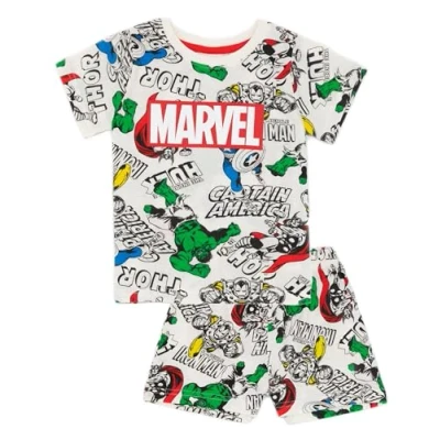 Image of Marvel Boys Pyjama Set Kids White Short Sleeve T Shirt and Shorts PJ Bundle Classic Superhero Comic Retro Nightwear Pajama for Children Hulk Captain America Thor Iron Man Loungewear Gift