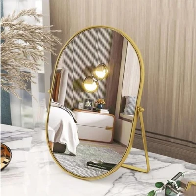 Image of Numjeg Vanity Desk Table Mirror Oval Makeup 90Adjustable Rotation Golden Metal Framed Standing Mirrors Room Decor for Living Room,Bedroom,Tabletop,Bathroom