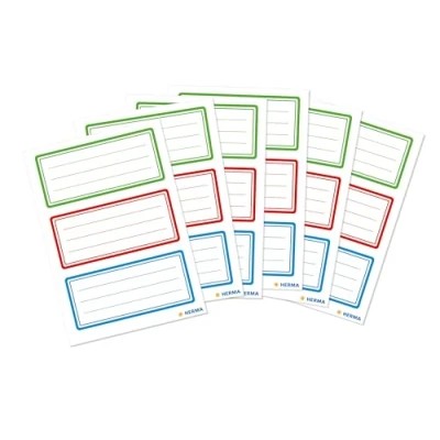 Image of HERMA 1791 Book Labels for Writing on Tricolor, 18 Pieces, 76 x 35 mm, Self Adhesive Lined Stickers School, Children, Girls, Boys, Blank Stickers, Colourful Green, Red, Blue