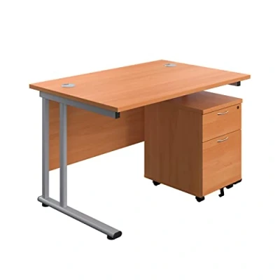 Image of Office Hippo Professional Cantilever Desk With 2 Drawer Mobile Pedestal, Wood, Beech, Silver Frame, 120 x 80 73 cm