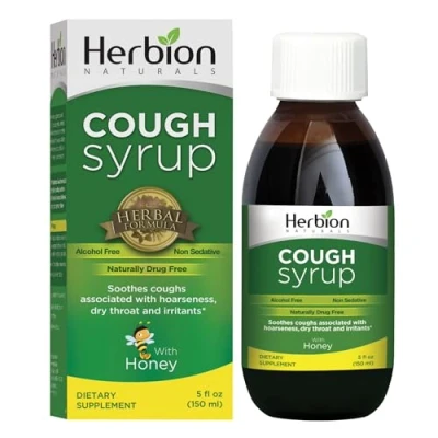 Image of Herbion Naturals Cough Syrup with Honey, Helps Relieve &amp; Soothes Sore Throat, for Adults Kids 13 Months and Above, 5 FL Oz