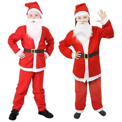 Image of Childs 5 Piece Santa Claus Christmas Fancy Dress Costume Felt Red/White Jacket + Trousers Bobble Hat Belt White Beard Medium UK 7 9 Years