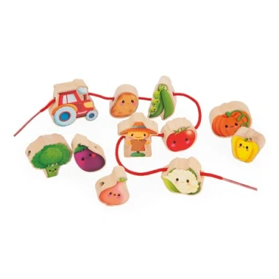 Image of Janod Threading Beads Vegetable Garden Theme Early Learning Toy 11 Wooden + 2 Cords for Kids Develops Dexterity FSC Wood 24 Months +, J03313