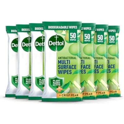 Image of Dettol Tru Clean Antibacterial Multi Surface Wipes Crisp Pear, 50 Wipes, Pack of 7, Total 350