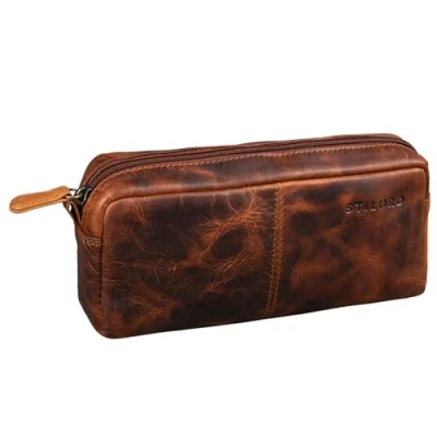 Image of STILORD &#039;Spencer&#039; Vintage Pencil Pouch Leather Pen Case Holder with Zipper Make Up Bag Leather, Colour:Kara Cognac
