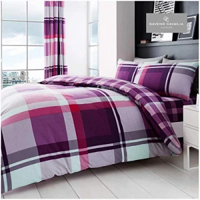 Image of GC GAVENO CAVAILIA Checkered Duvet Cover + Pillow Cases Poycotton King Size Bedding (230x220 cm) Soft Bed Covers Purple