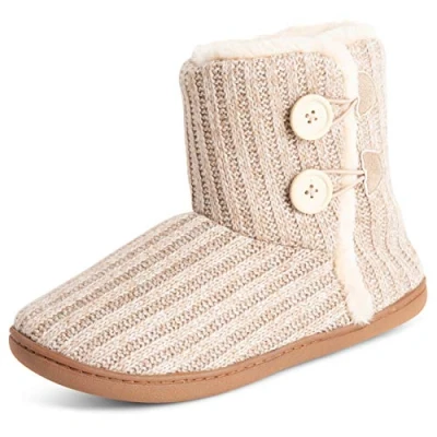 Image of Polar Womens Memory Foam Knitted Button Faux Fur Outdoor Rubber Sole Plush Winter Comfort Slippers Beige UK7/EU40 YC0718
