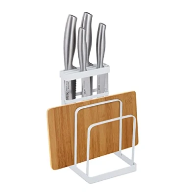 Image of Relaxdays 2 in 1 Chopping Board &amp; Knife Holder, Metal, Organiser Stand for Kitchen Worktop, 21.5 x 12 14 cm, White, 100% iron