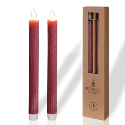 Image of COMFORDER Real Wax LED Taper Candle Electric Flickering Candles Battery Operated (Set of 2), with Timer Function (Burgundy Red)