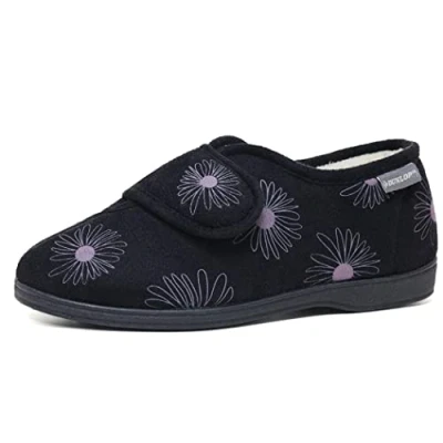 Image of DUNLOP Womens Floral Print Touch and Close Slippers Ladies Memory Foam Machine Washable Shoes (Black 8)
