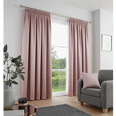 Image of Fusion Blush Pink Curtains W66 x L72 (168 183cm) 100% Cotton 2x Panels Pencil Pleat in Soundproof &amp; Thermal for Bedroom Pleated Drapes