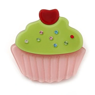 Image of Avalaya Baby Pink/Lime Green Austrian Crystal Acrylic &#039;Cupcake&#039; Pin Brooch 40mm Across