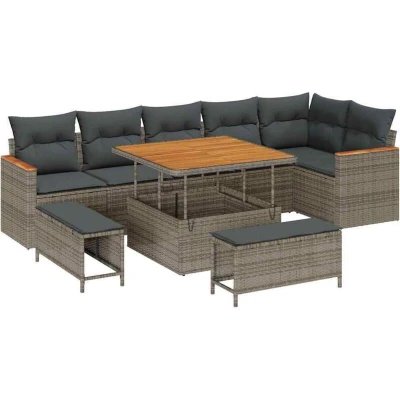 Image of Vidaxl 9 Piece Garden Sofa Set with Cushions Grey Poly Rattan Acacia