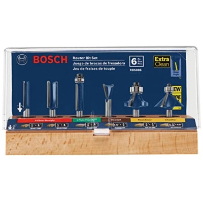 Image of BOSCH RBS006 6 Piece 1/4 in. Shank Carbide Tipped Multi Purpose Router Bits Assorted Set with Included Storage Case for Applications in Straight, Trimming, Decorative Edging, Dovetail Joinery