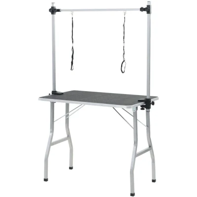 Image of vidaXL Adjustable Bath Grooming Table for Dogs/Cats Foldable with 2 Loops, Non Slip Tabletop, Black MDF Rubber Surface &amp; Iron Frame, Max Capacity 60 kg