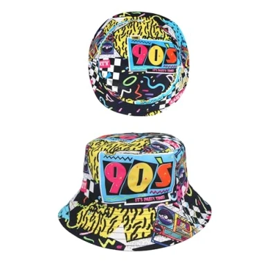 Image of HENBRANDT 1 x Adult Bucket Hat Nineties Party Time Retro 90s Unisex Streetwear Wide Brimmed Outdoor Vintage Style Nostalgia Fisherman’s Cap Summer Fun Beach Sun for Men and Women