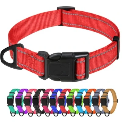 Image of TagMe Reflective Nylon Dog Collars, Adjustable Classic Collar with Quick Release Buckle for Small Dogs, Red, 1.5 cm Width