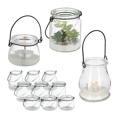 Image of Relaxdays Candle Lanterns, Set of 12, Glass, with Black Handle, Tealight Holders, 3 Sizes, Indoors &amp; Outdoors, Clear