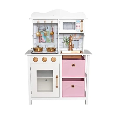 Image of Kids Wooden Toy Kitchen Playset, Children&#039;s Pretend Play Chef Set Complete With Accessories, Ideal Birthday, (Gold Edition)