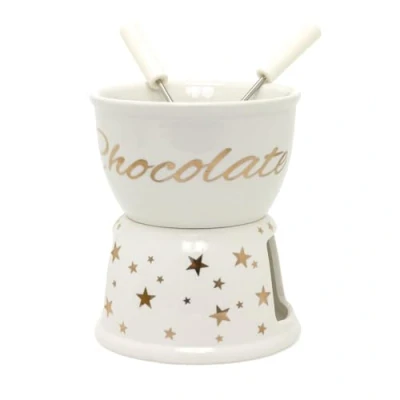 Image of Carousel Home Chocolate Fondue Set Ceramic Tea Light Candle Pot with 2 Forks White Porcelain