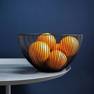 Image of DMAR Black Fruit Bowl Basket 25x14cm Round Bowls Wire Display Iron Baskets for Kitchen Egg Veg