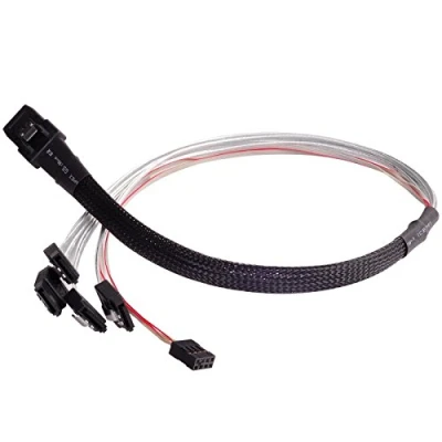 Image of SilverStone SST CPS03 Internal Mini SAS SFF8087 36pin to 4 SATA 7pin Thick Shielded Cable (with Sideband), Host/Controller Target/Backplane, 0.5M