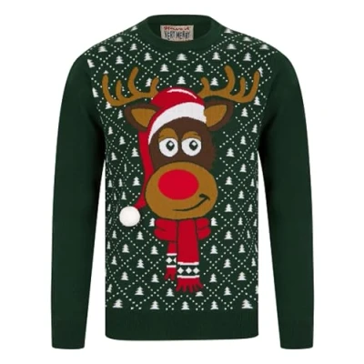 Image of Tokyo Laundry Men&#039;s Santa Hat Motif Novelty Christmas Jumper in Holly Green Merry S