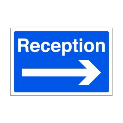 Image of Reception safety sign &quot;arrow right&quot; High tack self adhesive sticker (300mm x 200mm) Viewing Distance within 7m.