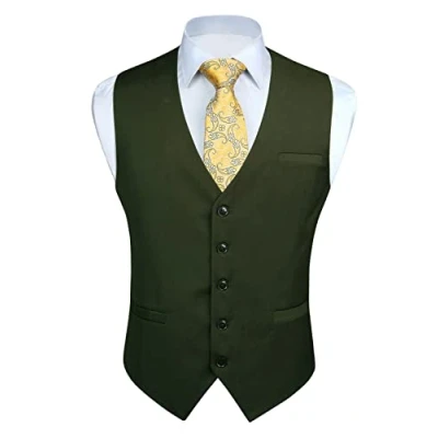 Image of Enlision Mens Army Green Waistcoat Formal Plain Waistcoats Wedding Solid Colour Tuxedo Business Suit Vest with Pockets 4XL