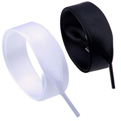 Image of Flyingfish 2cm Wide Flat Ribbon Shoelaces Shoe laces of Satin 39 Inch White + Black