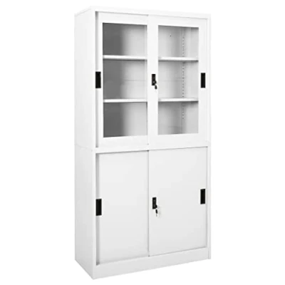 Image of vidaXL Office Cabinet with Sliding Doors White, Steel and Tempered Glass Storage, File Adjustable Shelves Locks