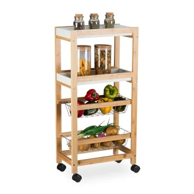 Image of Relaxdays Niche Trolley, 4 Shelves, Narrow Kitchen &amp; Bathroom Cart, HWD: 83 x 22 40 cm, Bamboo, Rolling, Natural/White