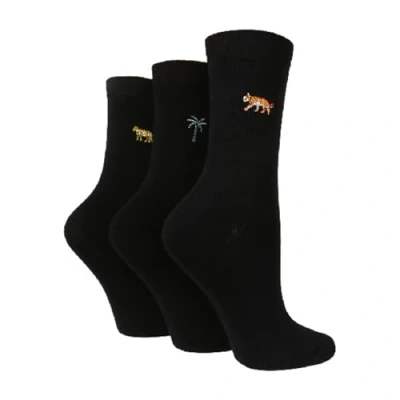 Image of Wildfeet Womens Wild Feet 3 Pack Ladies Embroidered Animal Design Cotton Rich Socks Black/Red Size UK 4 6.5