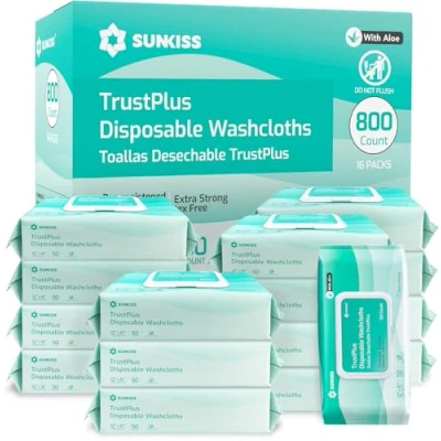 Image of SUNKISS Trustplus Wet Wipes for Adult No Rinse, Extra Large 8x12 Body Cleaning Washcloths Elderly Incontinence &amp; Cleansing, Unscented, 800 Count (16 Packs of 50)