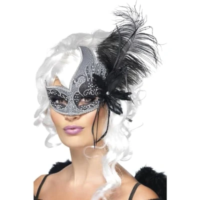 Image of Smiffys Masquerade Dark Angel Eyemask, Silver &amp; Black with Tie Sides Feathers, Eyemasks Fancy Dress, Adult Dress Up Eye masks