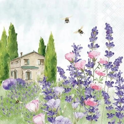 Image of 20 Napkins Flowers Lavender Meadow in Front of House as Table Decoration Paper with Motif Also for Decoupage and 33 x cm