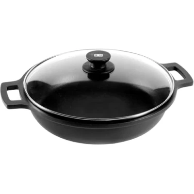 Image of BRA Efficient Cast Aluminium Low Casserole Dish with Lid Black &amp; Orange (2.3L). Shallow Small Lid. 100% Recycled Pan